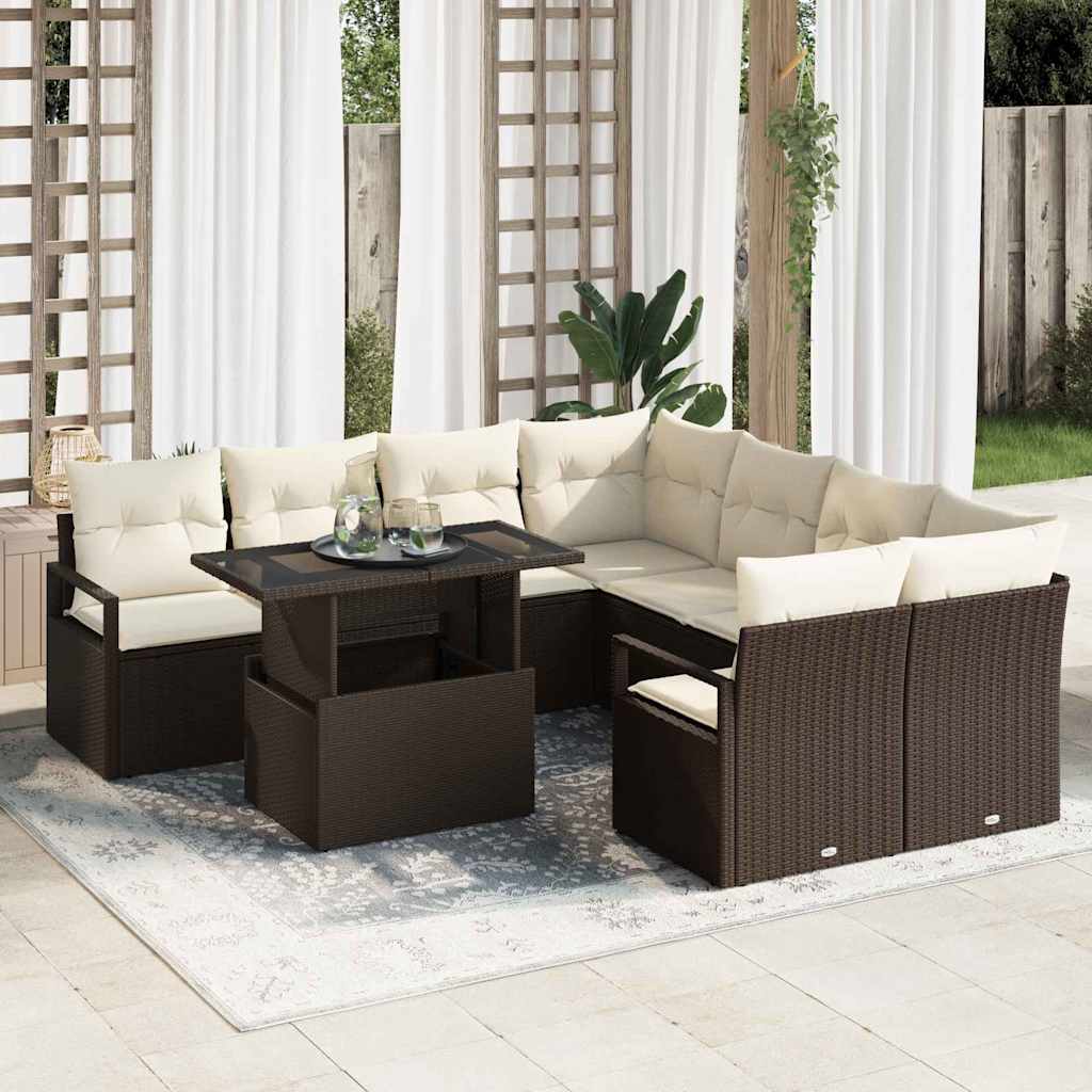 Garten-Sofa-Set mit Speicher 9 pcs Braun Poly Rattan